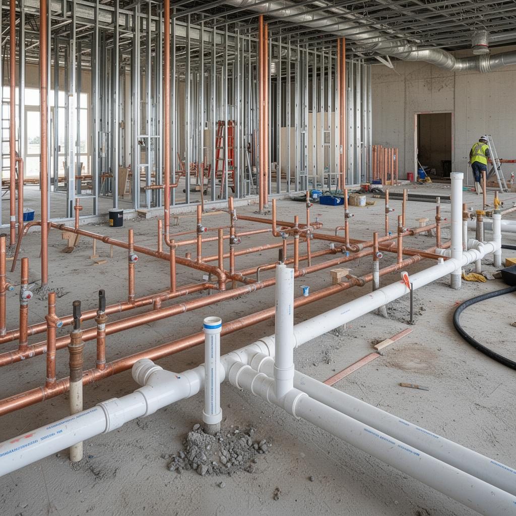 Commercial tenant improvement rough-in with copper water lines and PVC drains in metal-stud framing
